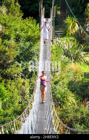 La Buller Gorge Swingbridge Avventura & Heritage Park, Superiore Buller Gorge, Murchison, Tasmania, Isola del Sud, Nuova Zelanda Foto Stock