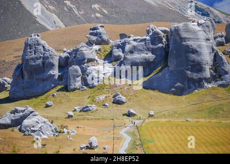 La Collina del Castello rocce, Castle Hill High Country stazione, Strada Statale 73, regione di Canterbury, Isola del Sud, Nuova Zelanda Foto Stock