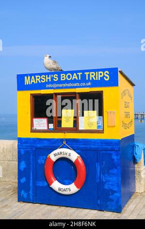 Un gabbiano (gabbiano di aringa) arroccato sopra il chiosco piccolo dei biglietti di legno delle gite in barca di Marsh, Quay di pietra, Swanage, Dorset, Inghilterra, REGNO UNITO Foto Stock