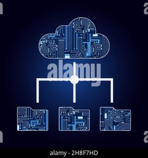 Cloud e file con circuito elettronico. Sfondo blu e sfumato. Concetto di upload o download sul cloud. Cloud computing. Illustrazione Vettoriale