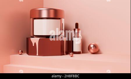 Una confezione creativa per la cura della pelle con flacone contagocce e un vasetto di crema o scrub su sfondo rosa. rendering 3d, illustrazione 3d Foto Stock