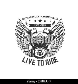 Motore per motociclette con icona ali. Motorsport racing, motocross sport o bikers club, riparazione moto e restauro garage monopolmonopolare vettore emble Illustrazione Vettoriale