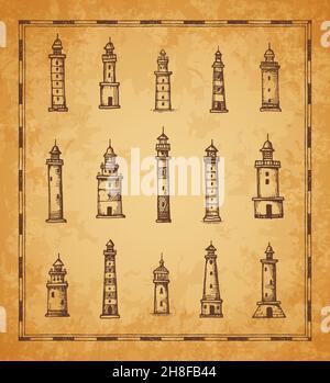 Vintage antica mappa vettore faro e faro di schizzo faro. Gli edifici sulla spiaggia dell'oceano di vecchie case di luci e torri faro con motivi a strisce Illustrazione Vettoriale