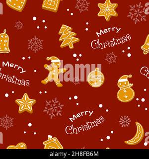 Pani di zenzero e iscrizione Merry Christmas senza cuciture pattern. Sfondo natalizio con biscotti, bacche e fiocchi di neve. Stile piatto Illustrazione Vettoriale