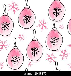 Acquerello disegno a mano senza cuciture con elementi rosa di Natale, moderno sfondo boho con ornamenti di girly arrossati fiocchi di neve calze forme astratte, per avvolgere carta decorazione di festa tessile Foto Stock