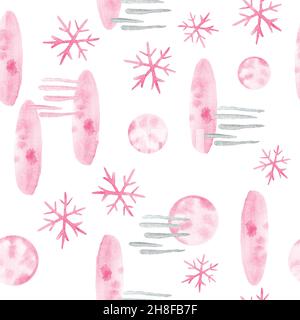 Acquerello disegno a mano senza cuciture con elementi rosa di Natale, moderno sfondo boho con ornamenti di girly arrossati fiocchi di neve calze forme astratte, per avvolgere carta decorazione di festa tessile Foto Stock