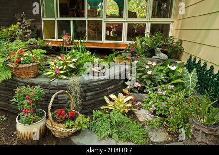 Spettacolare giardino cortile con pareti decorative e masse di fiori colorati, felci, piante con fogliame colorato, alcuni in contenitori ornati Foto Stock