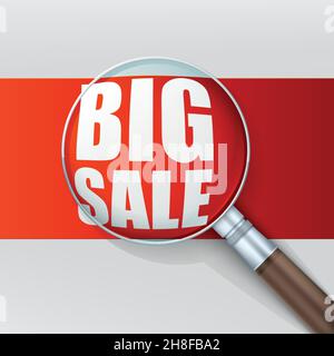 Grande vendita. Lente di ingrandimento su sfondo rosso. Illustrazione Vettoriale