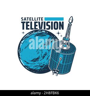 Icona vettore satellite di telecomunicazione. Antenna per la trasmissione di parabole nello spazio. Televisione e radio canale di trasmissione satellitare con Illustrazione Vettoriale