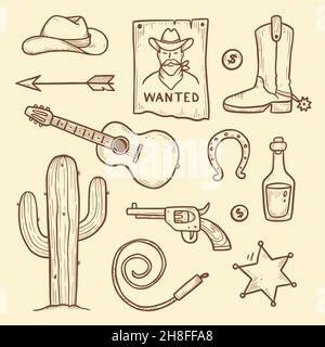 Cowboy occidentale Doodle set. Stile della linea di schizzo disegnato a mano. Cappello cowboy, cranio vacca, pistola, elemento cactus. Illustrazione del vettore Wild West. Illustrazione Vettoriale