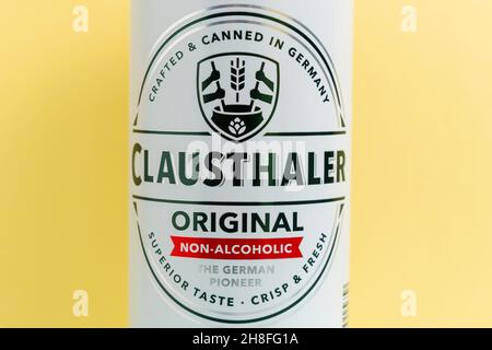 Tyumen, Russia-15 ottobre 2021: Clausthaler birra non alcolica. Messa a fuoco selettiva Foto Stock