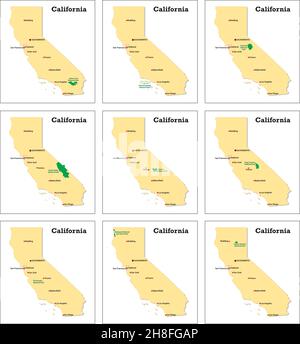 Nove piccole mappe vettoriali dei parchi nazionali californiani Illustrazione Vettoriale