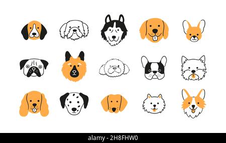 Facce di razze diverse cani set. Corgi, Beagle, Spitz Chihuahua, Terrier, Retriever, Spaniel, Poodle. Collezione di teste di cane di doodle. Disegnato a mano Illustrazione Vettoriale
