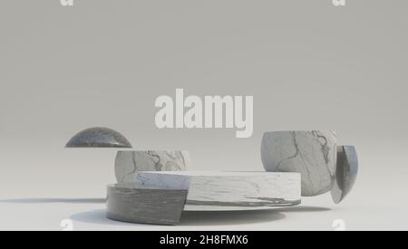 Piedistallo vuoto o lungo podio in marmo su sfondo bianco con illuminazione naturale. Spazio per la copia sullo sfondo dello scaffale del prodotto vuoto. 3d Foto Stock
