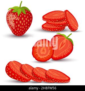 Set di fragole. Intero, affettare, metà di una fragola isolata su sfondo bianco. Icona vettore. Illustrazione Vettoriale