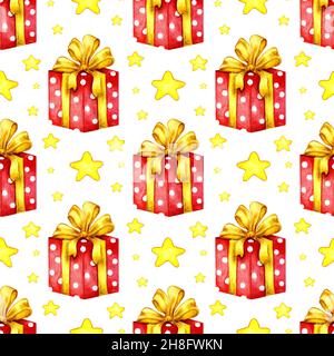 Acquerello disegno caselle rosse con arco e stelle. Regali per le feste, confezioni regalo confezionate, articoli di design per il compleanno, il Natale e l'anno nuovo. Isolat Foto Stock