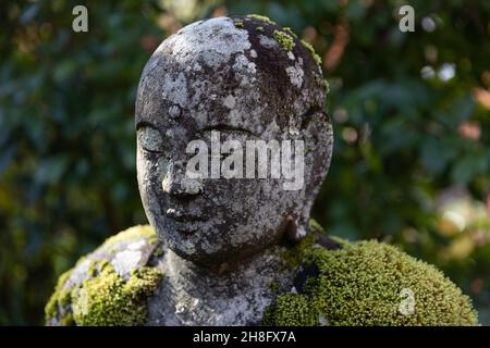 Kyoto, Giappone. 27 novembre 2021. La statua di Buddha ricoperta di muschio è visibile all'interno del Tempio Eikando Zenrin-ji a Kyoto. Il Tempio Eikando Zenrin-ji è uno dei templi più antichi di Kyoto. Fondata nel 863 d.C., è stata testimone di molte guerre e distruzioni solo per essere ricostruita ogni volta dalla popolazione di Kyoto. Ospita la setta buddhista Jodo Seizan Zenrin-Ji. Il complesso giardino attira molti visitatori, soprattutto durante la stagione autunnale. (Credit Image: © Stanislav Kogiku/SOPA Images via ZUMA Press Wire) Foto Stock