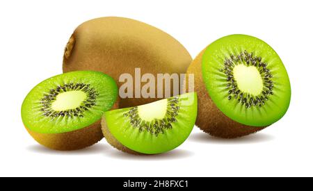 I kiwi. Intere e pezzi. Frutta dolce. Vettore 3d set di icone. Illustrazione realistica Illustrazione Vettoriale