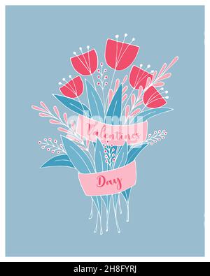 Bouquet Valentines giorno blu colore stile spaghettino, fiori e nastro disegno a mano. Cartolina, sfondo, sfondo, Complimenti. Isolato, sfondo bianco. Illustrazione vettoriale Illustrazione Vettoriale