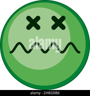 Emoji verde con occhi incrociati. Espressione faccia morta. Simbolo di intossicazione Illustrazione Vettoriale