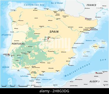 Mappa del Dehesa, Montado, paesaggio culturale della Spagna meridionale e centrale e del Portogallo meridionale Illustrazione Vettoriale