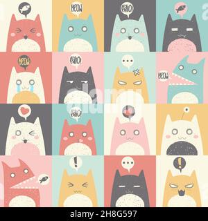 Modello senza cuciture con simpatici gatti colorati con diverse emozioni. Sfondo ripetuto vettoriale dei caratteri kitten dei cartoni animati disegnati a mano. Semplice stile piatto de Illustrazione Vettoriale