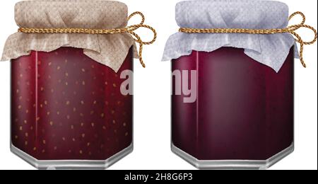 Vasetto di marmellata fatta in casa con copertura in tessuto. Illustrazione vettoriale fotorealistica. Illustrazione Vettoriale