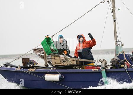 Delta del po, Scardovari, Italia, 26 novembre 2021 - pescatori e pescatori lavorano a sacco degli Scardovari Foto Stock