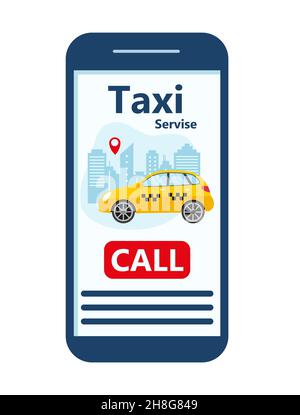 Modello di app per dispositivi mobili taxi. Smartphone con auto giallo città. Applicazione mobile online ordinare servizio taxi. Illustrazione vettoriale per servizio taxi EPS 10 Illustrazione Vettoriale