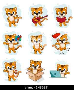 Set di simpatiche tigri in stile piatto. EPS 10 Illustrazione Vettoriale