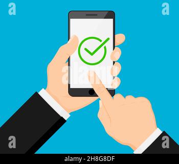 Tenere in mano lo smartphone. Selezionare il segno di spunta sullo schermo dello smartphone.icona approva, fine o operazione riuscita. Dito sullo schermo del dispositivo mobile. Design piatto moderno e creativo. Illustrazione Vettoriale
