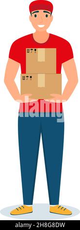 Consegna uomo Stand e Holding Un pacco merci. EPS 10 Illustrazione Vettoriale
