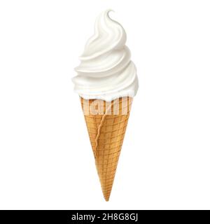 Cono gelato alla vaniglia isolato su sfondo bianco. Gelato in una tazza di waffle, illustrazione vettoriale 3D realistica Illustrazione Vettoriale