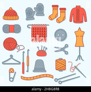 Set di abiti in maglia di lana e strumenti di maglieria isolati su sfondo bianco. Bottoni, ganci e forbici, jumper, calzino e guanti EPS 10 Illustrazione Vettoriale