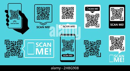 Scansione del codice QR per smartphone. Set vettore frame codice QR. Modello scansione codice QR me per smartphone. Codice QR per app mobile, pagamento e telefono. Scan me pho (scansione) Illustrazione Vettoriale