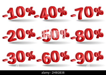 I numeri di sconto vettore 3d. Rosso vendita percentuale Icon Set in 3D Style isolati su sfondo bianco. 10 percento di sconto, 15 off e 20 sconto percentuale Illustrazione Vettoriale