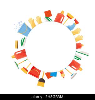 Set di articoli per la pulizia assortiti con scope, secchio, spazzoloni, spray, spazzole, spugne. Accessori per la pulizia piatti. EPS 10 Illustrazione Vettoriale