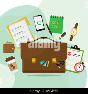 borsa portadocumenti in pelle e articoli aziendali, flusso di lavoro gestionale o finanziario. illustrazione vettoriale in stile piatto. Illustrazione Vettoriale