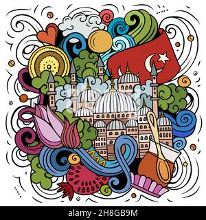 Istanbul cartoon vettore Doodle illustrazione. Composizione colorata e dettagliata con molti oggetti e simboli turchi. Illustrazione Vettoriale