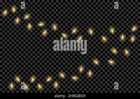 Le lampadine di Natale isolano elementi di design realistici. Luci luminose per il design di biglietti d'auguri natalizi. Ghirlande, decorazioni natalizie isolat Illustrazione Vettoriale