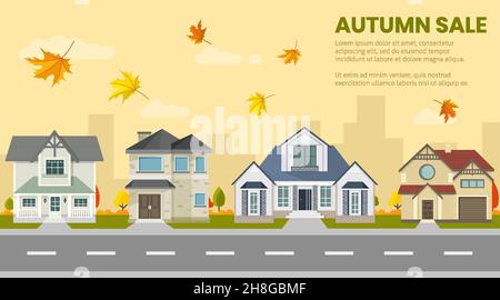 set di case all'aperto, vendita casa d'autunno, selezione casa, progetto casa, concetto immobiliare, stile piatto Illustrazione Vettoriale