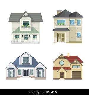 Insieme di 4 diverse case di città residenziali - architettura urbana. Illustrazione vettoriale in stile piatto, isolata su sfondo bianco. Illustrazione Vettoriale