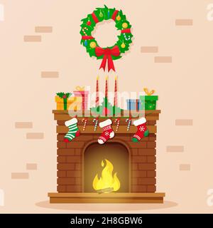 Camino di Natale con regali, calze e candele. Illustrazione vettoriale in stile cartoon piatto. Illustrazione Vettoriale