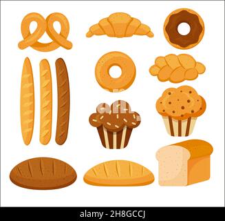 SET DI PRODOTTI DA FORNO. PASTICCERIA, CROISSANT. PANE, BATON, PELETENKA, CUPCAKE STILE CARTOON EPS 10 Illustrazione Vettoriale