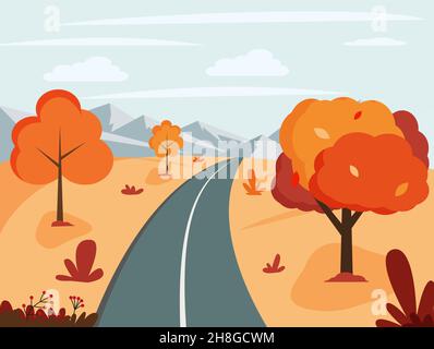 Paesaggio autunnale con una strada per le montagne. Illustrazione vettoriale in stile piatto EPS 10 Illustrazione Vettoriale