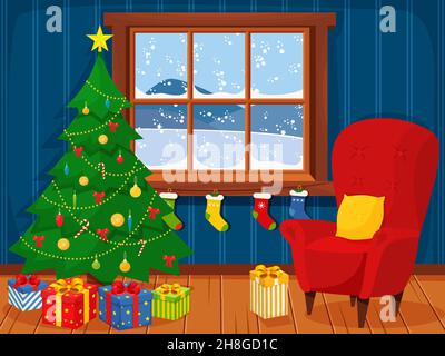 L'interno di Natale del soggiorno con un albero di Natale, regali e un camino e una poltrona singola morbida con cuscino. Illustrazione vettoriale in piano Illustrazione Vettoriale