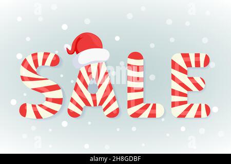 Disegno di scritta della canna della caramella di vendita di parola. Utilizzate questo design per le vostre promozioni di vendita di materiali cartacei e digitali. Design in stile carino e cartoon. Illustrazione Vettoriale