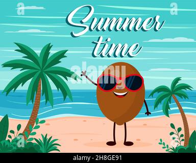 Divertente sfondo estivo della spiaggia con il carattere di kiwi frutta. Stile cartoon. Cartolina dell'ora legale EPS 10 Illustrazione Vettoriale