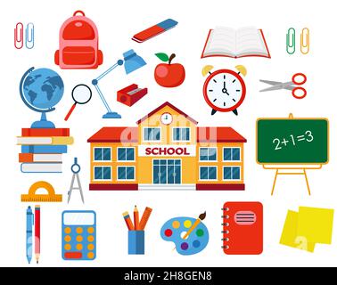 Articoli e forniture scolastiche. Edificio scolastico isolato su sfondo bianco EPS 10 Illustrazione Vettoriale