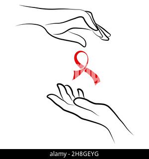 Le mani delle donne che tengono il nastro rosso di consapevolezza contorno semplice stile lineare minimalista del gesto. Illustrazione vettoriale delle mani femminili per creare loghi, stampa Illustrazione Vettoriale